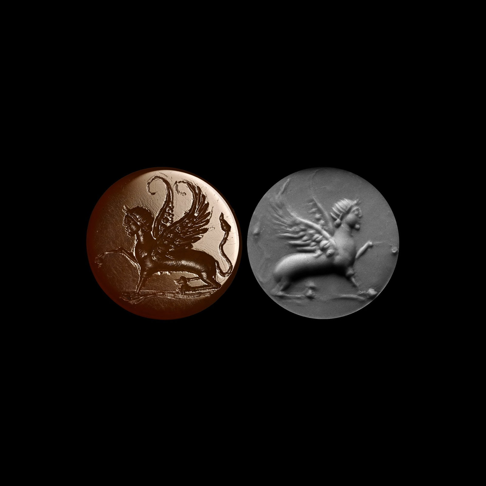 Post-Classical Agate Gemstone with Sphinx: 19th-20th century A.D. or earlier Discoid in plan with intaglio sphinx in profile on a baseline, with wings spread and tail raised, in 1st century A.D. style; supplied with a museum-quality impression
