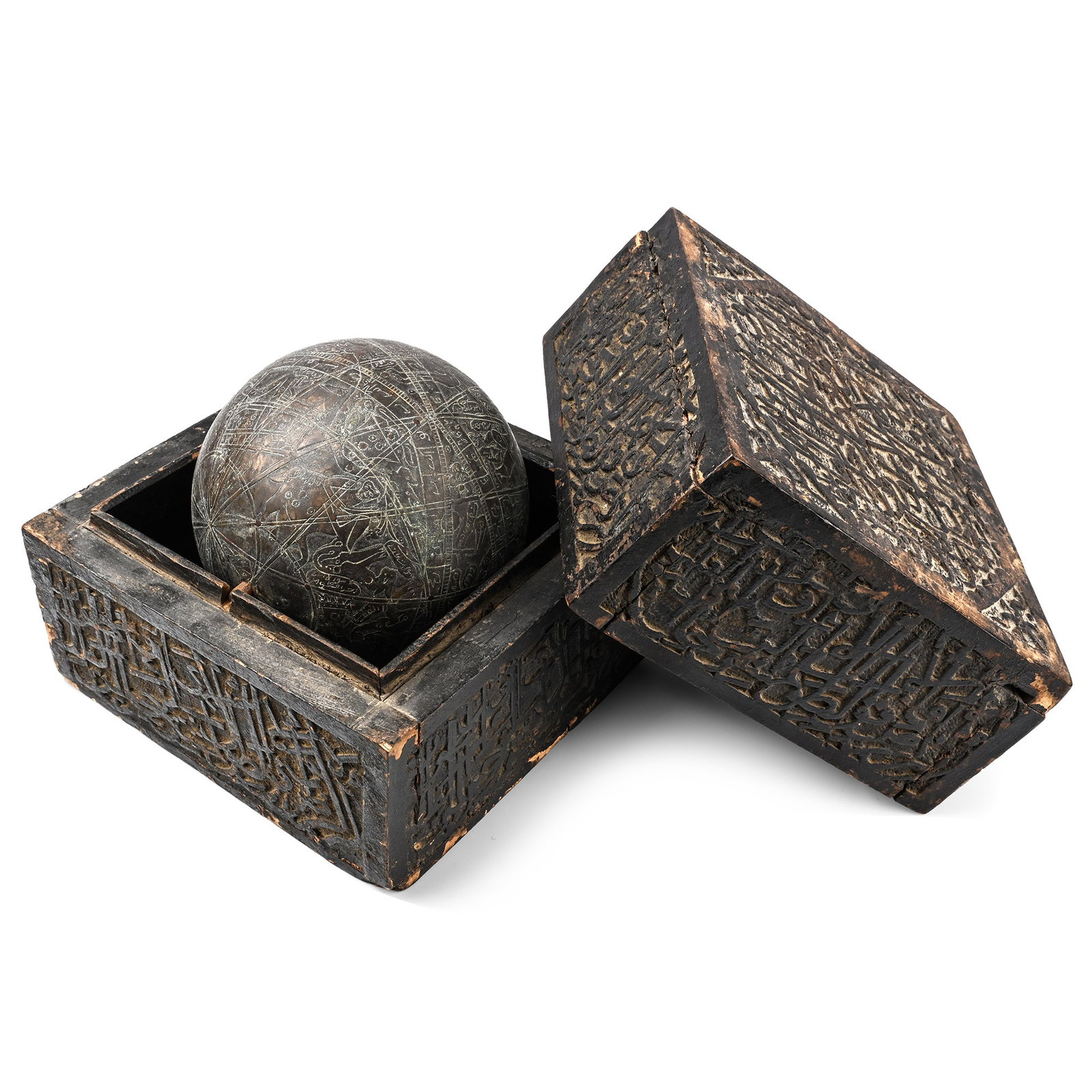 Indo-Persian Bronze Astrological Globe in Calligraphic Box (1 of 2)