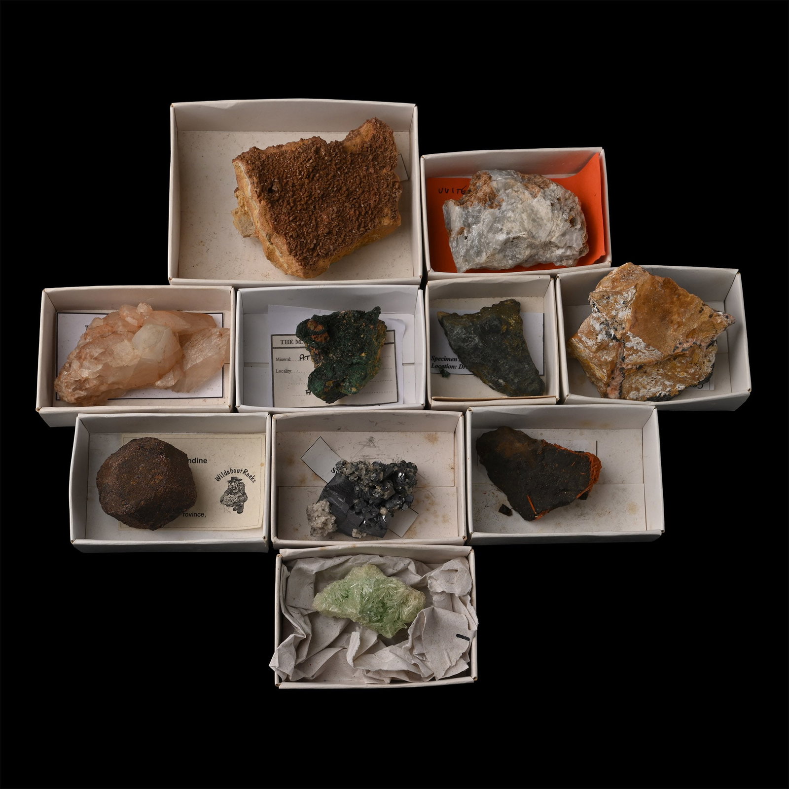 Mixed Crystal and Mineral Specimen Group: Comprising: a dodecahedral almandine garnet crystal from Cap Andrahomana, Ranopiso, Tulear Province, Madagascar; cerussite/baryte from Mibladen, Morocco; vibrant red-orange crocoite crystals from Red