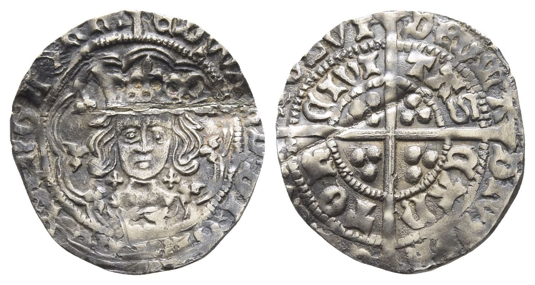 England. York, Edward IV Halfgroat.: Struck 1461-1470. Light Coinage, Canterbury mint, Archbishop Bourchier. ?DWARD DI GRA R?X A?GL Z FRA?, crowned facing bust within tressure of arches, with trefoils on cusps, quatrefoils by neck, knot