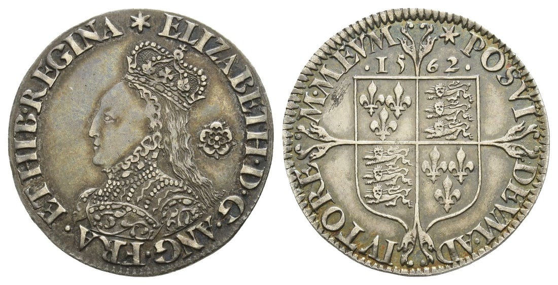 England. Tudor, Elizabeth I AR Sixpence.: Dated 1562. Tower (London) mint; i.m: star. Mestrelle's Milled Issues. Bust D. (Star) ELIZABETH • D • G • ANG • FRA • ET HIB • REGINA, crowned and draped bust of Elizabet