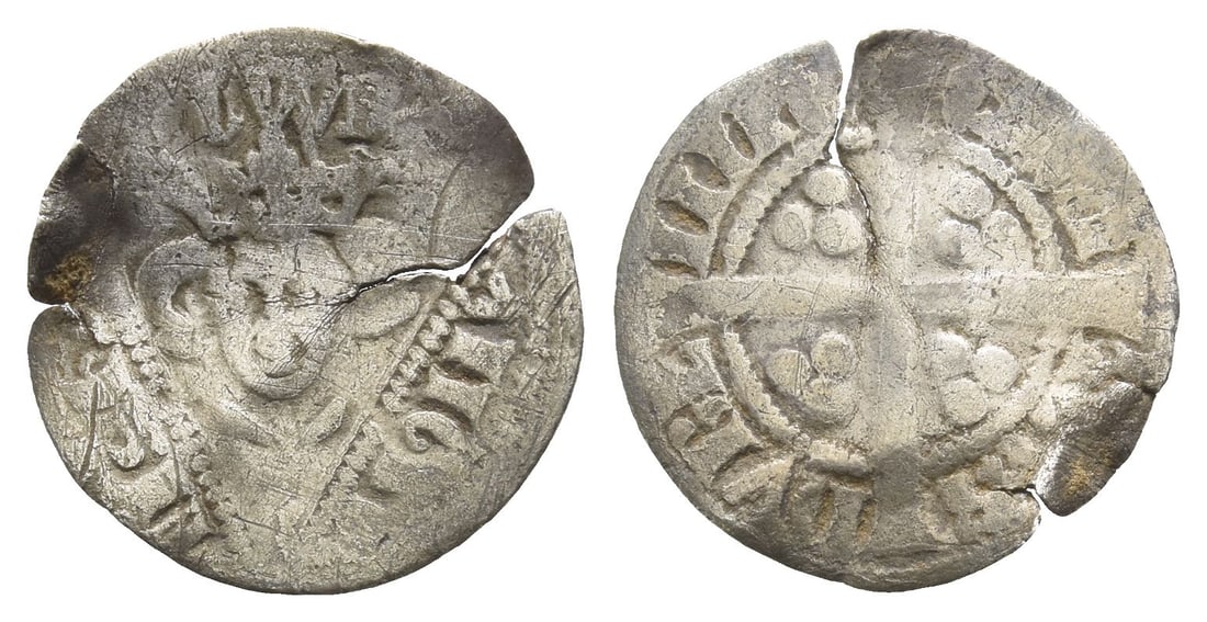 Ireland. Edward I AR Halfpenny.: 1279-1302. Dublin mint, Second Coinage, Early issues, Class 1a. ?DW R ANGL ' D-NS ??B, crowned facing bust within triangle / CIVI-TAS DVBL-INI?, long cross pattée; trefoil of pellets in quarters. DF