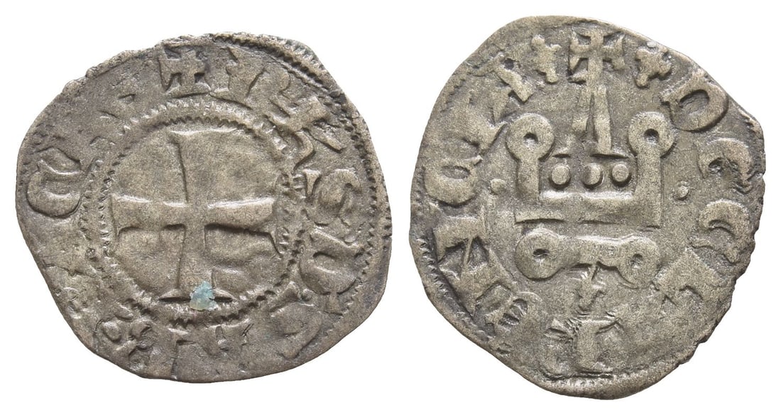 Crusaders, Principality of Achaea. Philippe de Savoy, BI Denier Tournois.: 1301-1307. Glarenza mint (modern Kyllini in Elis). ? • P?S • D • SAB • P • AC?? •, cross pattée / ?(fleur-de-lis)D? CLAR?NCIA(fleur-de-lis), châtel tournois; flanked by