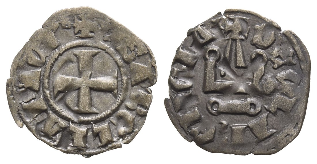 Crusaders, Principality of Achaea. Isabelle de Villehardouin BI Denier Tournois.: 1297-1301. Glarenza mint (modern Kyllini in Elis). ? YSAB?LLA P ACH', cross pattée / ? D? CLAR?NCIA, châtel tournois. Tzamalis F65. 0.77, 18mm, 8h. Good Very Fine. Acquired on the UK market. Propert