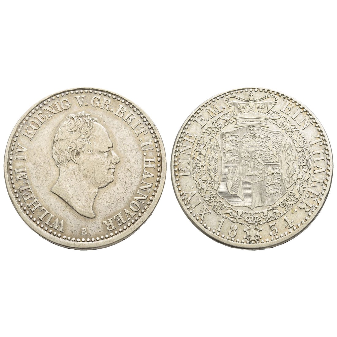 German States. Hannover (Kingdom), Wilhelm IV AR Thaler.: Dated 1834. Hanover mint. Ludwig August Brüel, Mint Master. WILHELM IV KOENIG V. GR. BRIT. U. HANNOVER, bare head to right, B below / EIN THALER. XIV. EINE F. M., crowned coat-of-arms, date below. Ed