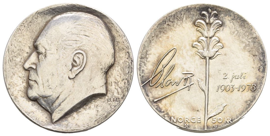 Norway. King Olav V AR Commemorative 75th Birthday Medal.: 1978. Bust of king Olav V facing left, with engraver's initials Ø.H. below back of bust / King olav V's spiral flower in the middle, his signature on the left and the inscription on the right, furthe