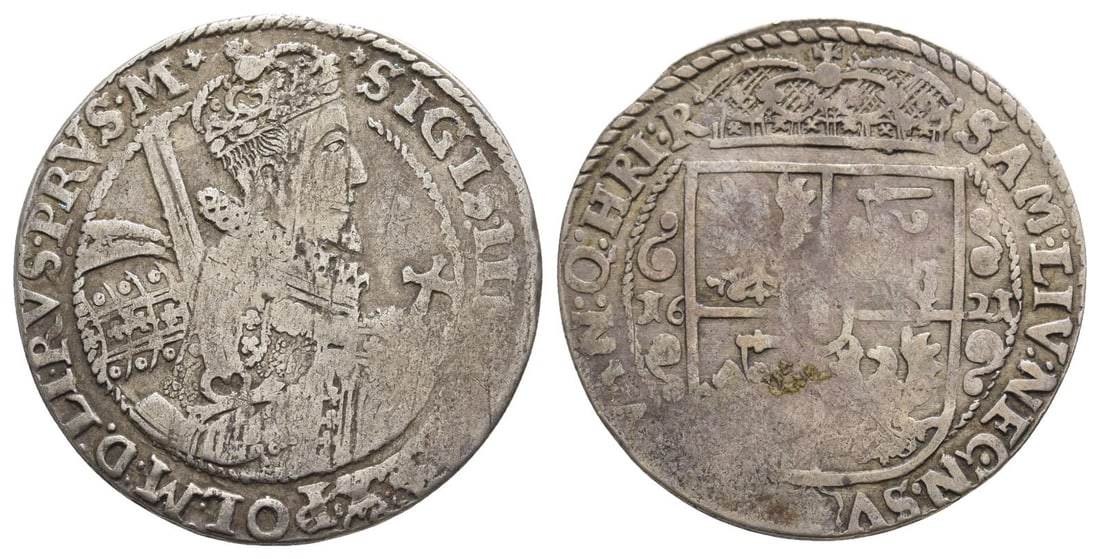 Poland. Sigismund III AR Quarter Thaler.: Dated 1621. Bydgoszcz mint. SIGIS III D G REX POL M D LIT RVS PRVS MAS with crowned, armored mid-length bust of Sigismund facing right. holding sword over right shoulder, and globus cruciger in left h