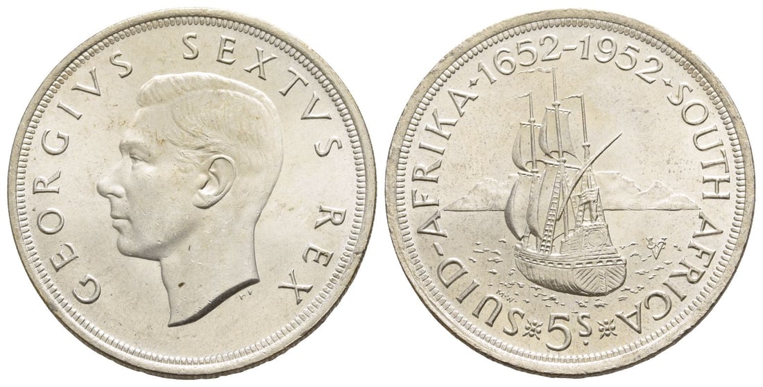 South Africa. George VI AR 5 Shillings.: Dated 1952. Pretoria mint. 300th anniversary of the founding of Capetown. Designs by Thomas Humphrey Paget and Marion Walgate. GEORGIVS SEXTVS REX, bare head to left; H P in small lettering beneath tr