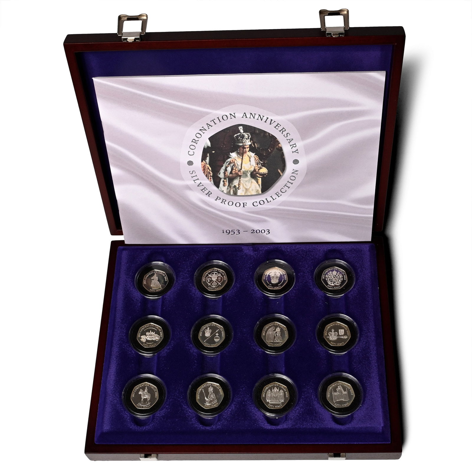 Great Britain. Windsor, Elizabeth II Coronation Anniversary [12] Silver Proof 50 Pence Coin Set. (1 of 2)