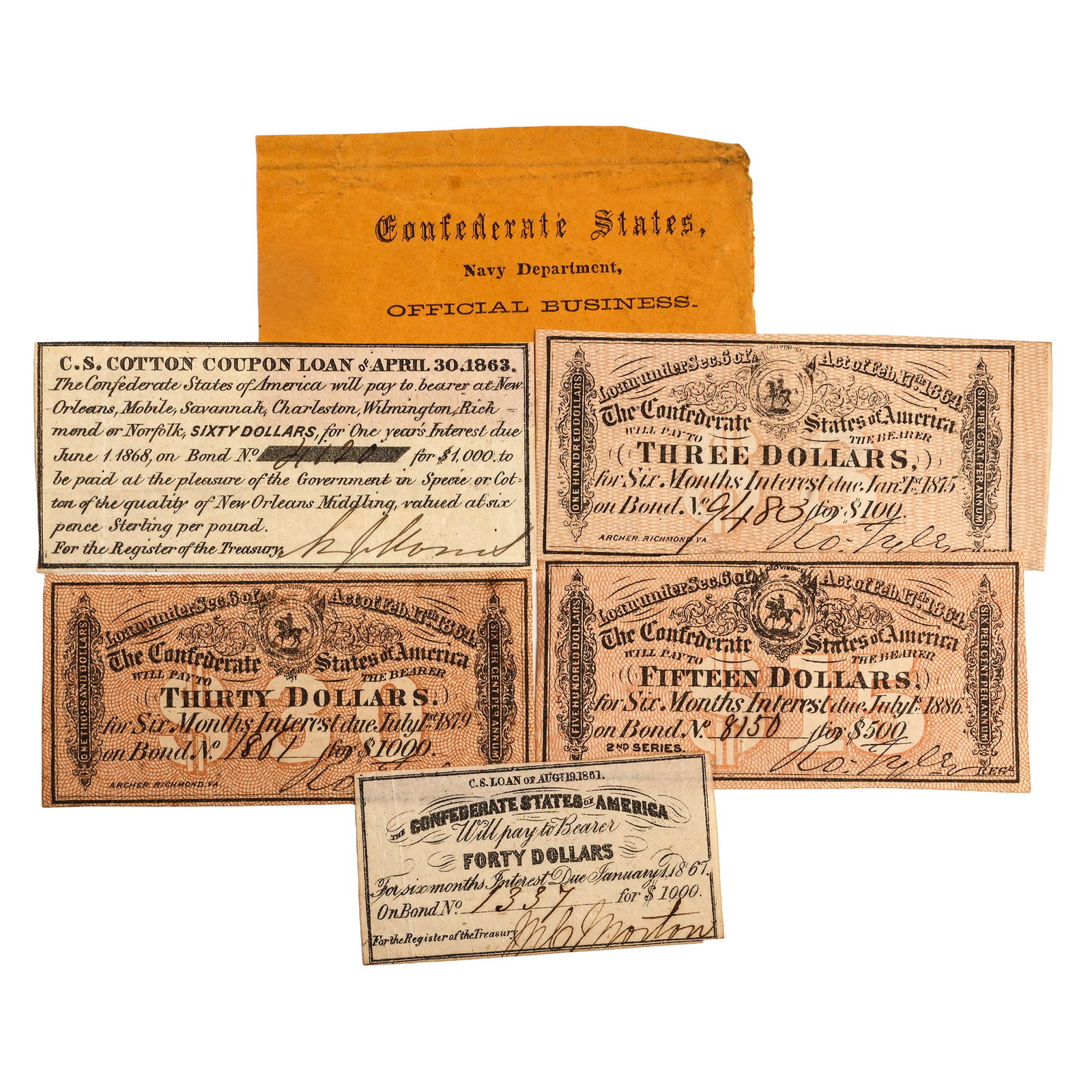 Confederate States of America. Group of Five [5] Interest Coupon and Banknotes. (1 of 1)