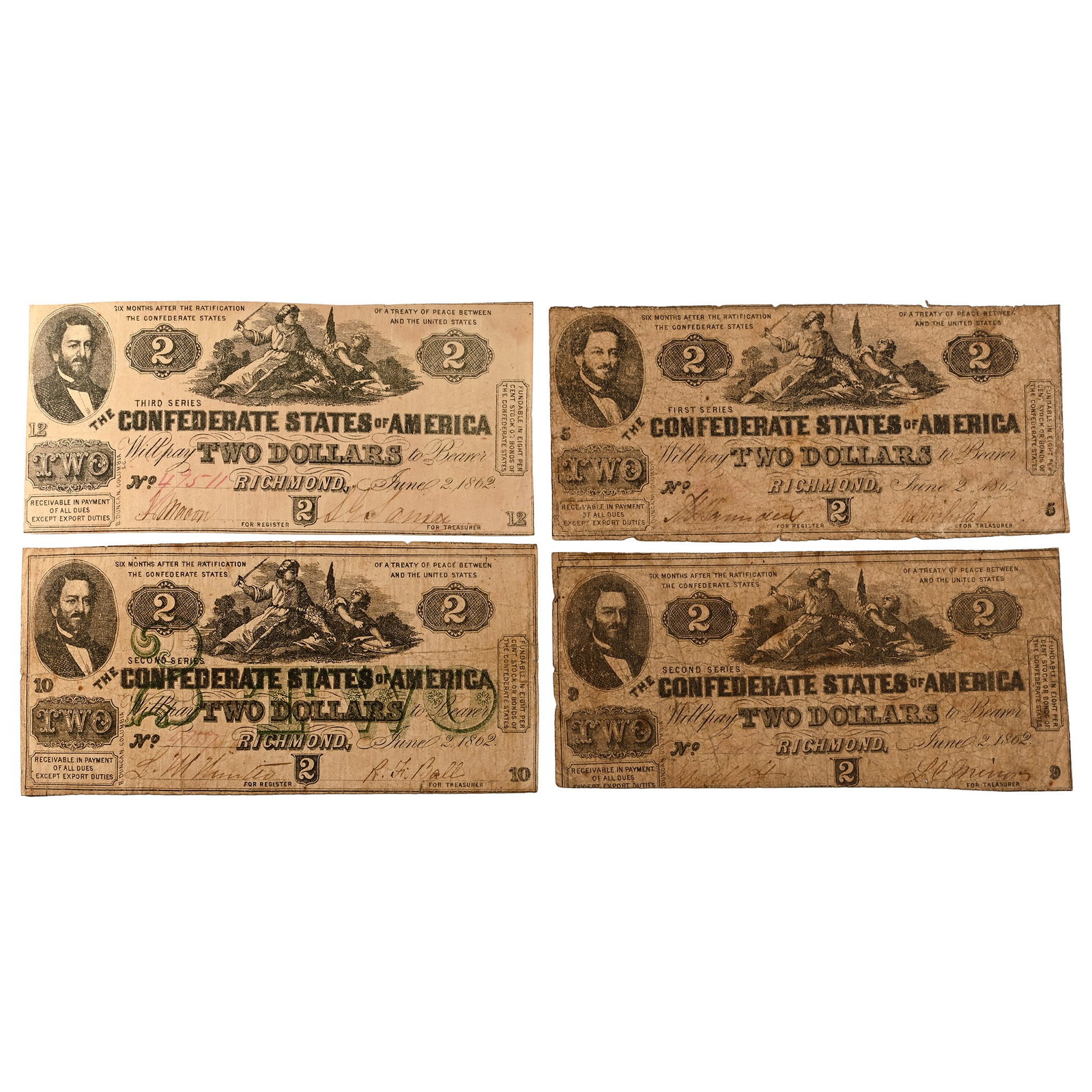 Confederate States of America. Group of Four [4] Two Dollars Banknotes. (1 of 1)