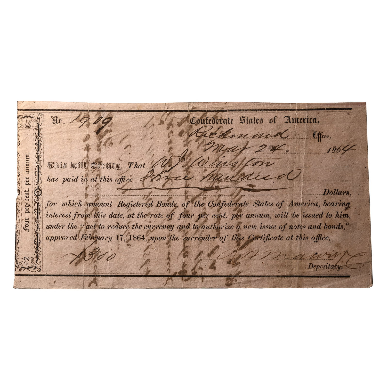 Confederate States of America, 300 Dollars Interim Depostory Receipt. (1 of 2)