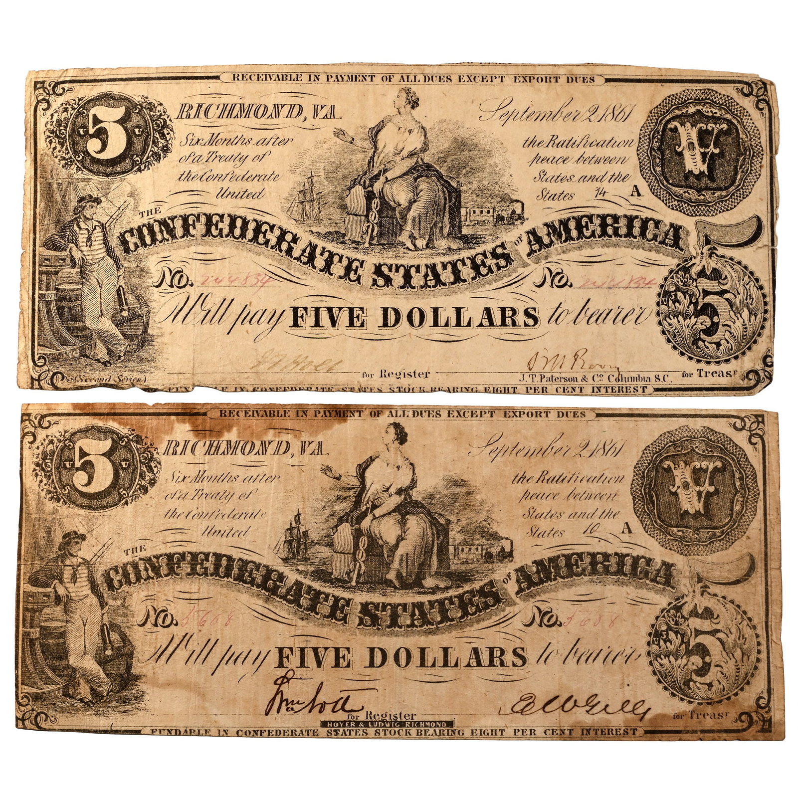 Confederate States of America. Group of Two [2] Five Dollars T36. (1 of 1)