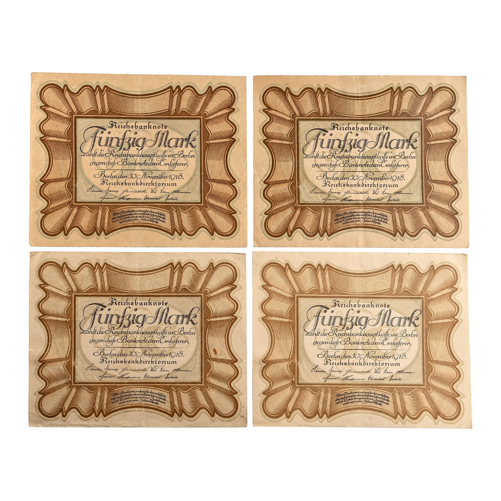 Germany. Group of Four [4] Weimar Republic 50 Mark Banknotes.: 1918. Egg note type. Reichsbanknote Fünfzig Mark zahlt die Reichsbankhauptka??e in Berlin gegen die?e Banknote dem Einlieferer. Berlin, den 30. November 1918. Reichsbankdirektorium / Value on top of