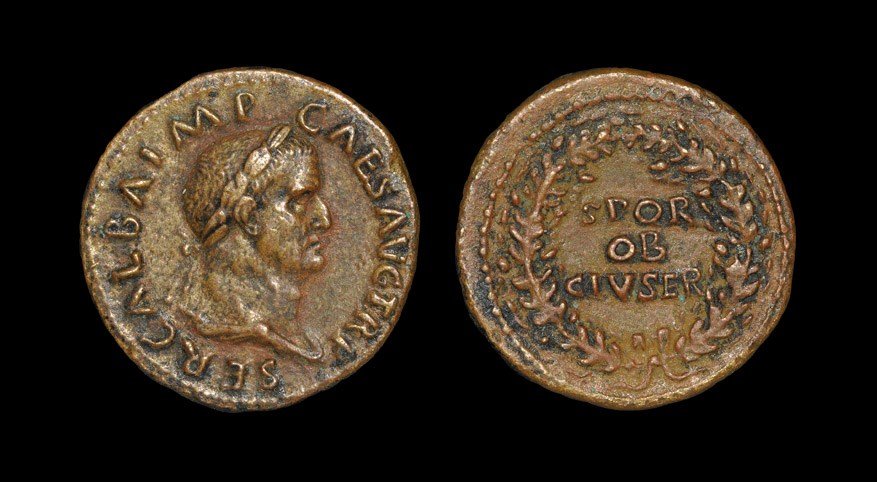 Roman Galba - SPQR Dupondius: 68-69 AD, Rome mint. Obv: SER GALBA IMP CAES AVG TR P legend with laureate, draped bust right. Rev: SPQR OB CIV SER legend in three lines within oak-wreath. RIC 290; cf. Sear 2130 (obverse legend); se
