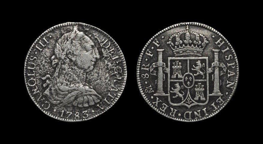 World Mexico - Charles III 1783 - El Cazador Shipwreck: Dated 1783, Mexico City mint, initials F F. Obv: profile bust with date below and CARLOUS IIII DEI GRATIA legend. Rev: arms and pillars with HISPAN ET IND REX M 8R F F legend. KM#106.2. 24.08 grams. R
