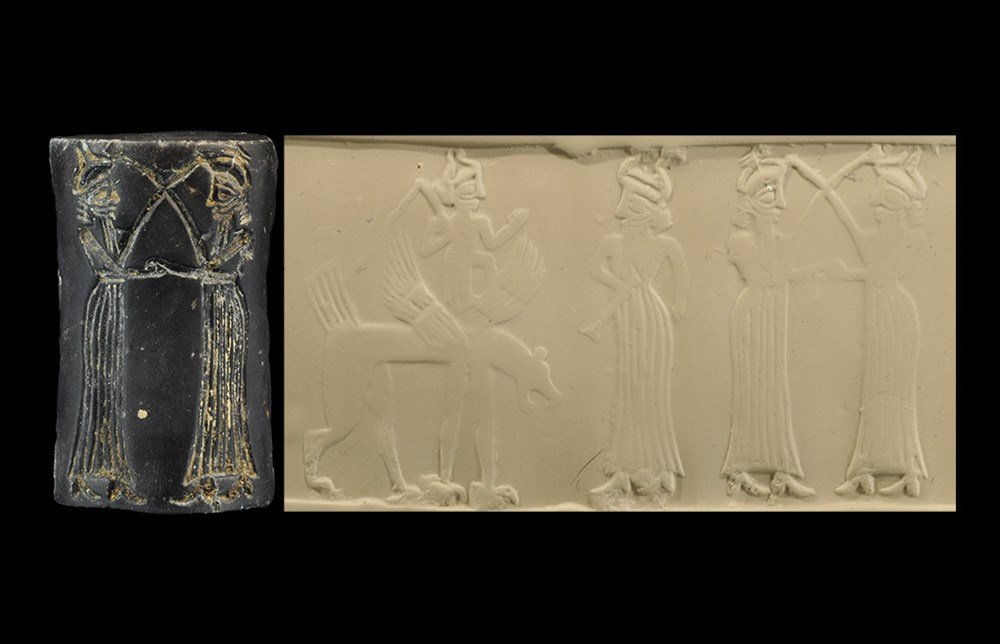Near Eastern Akkadian Cylinder Seal with Winged Storm: 2300-2200 BC. A black stone cylinder seal depicting the storm-god Adad holding a whip and standing on the back of a monster with a lion's body, wings, the front claws of an eagle, a brush tail, facing