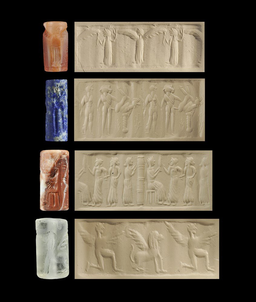 Near East Assyrian Stone Cylinder Seal Group: 1000-600 BC. A mixed group of stone cylinder seals comprising: one a frieze of two figures and an altar; one a seated figure with sword in his raised hand, column and attendant to the rear and two rob