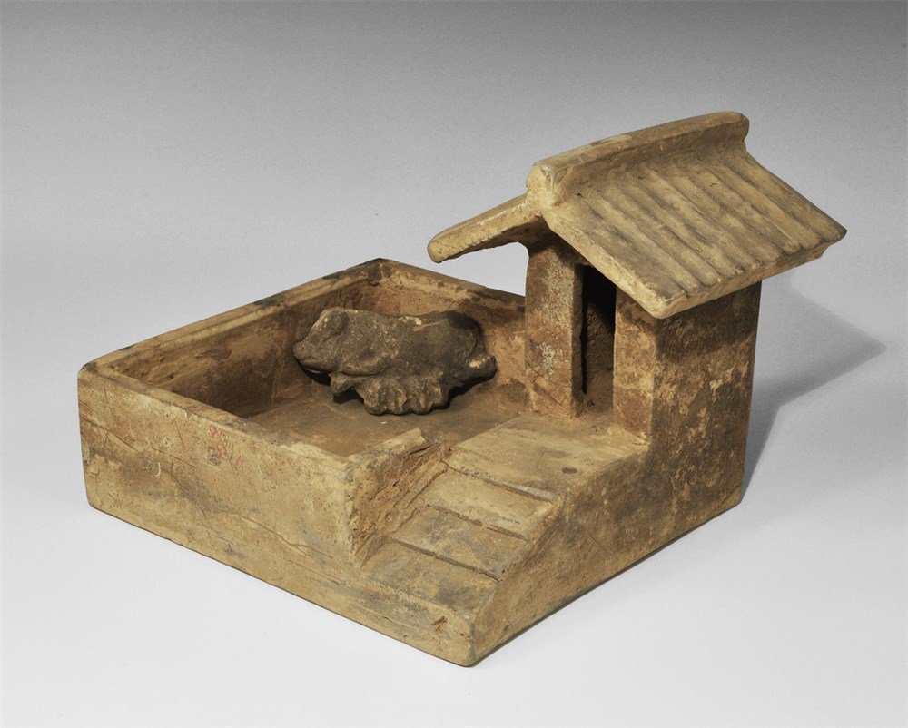 Chinese Ceramic Miniature Farm with Pig: Han Dynasty, 206 BC-220 AD. A model farm comprising a pig-pen and sty and separately cast sow with litter; accompanied by a detailed thermoluminescence report issued by Laboratory Ralf Kotalla Gmbh, H