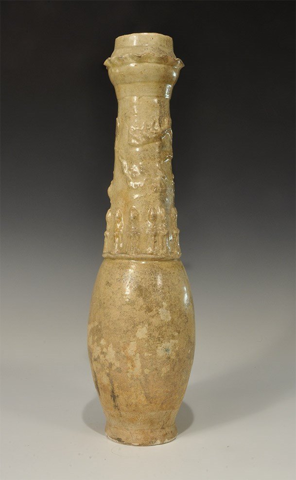 Chinese Dragon Jar: Song Dynasty, 960-1127 AD. Qingbai model of a granary; a tall, white-glazed jar decorated on the neck with a dragon; without lid. Cf. LuYaw, Lee Kong Chian Art Mueum, p.170, 110. 1.3 Kg, 50 cm (19 1/2