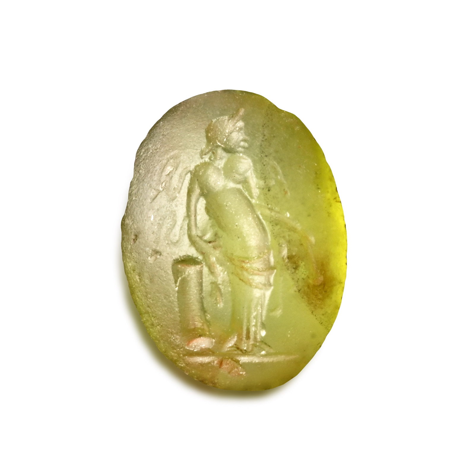 Roman Peridot Gemstone with Venus: 2nd-3rd century A.D. With intaglio Venus standing with palla draped around her hips, beside an altar; supplied with a museum-quality impression. 0.58 grams, 11.71 mm (3/8 in.). [No Reserve] From the p
