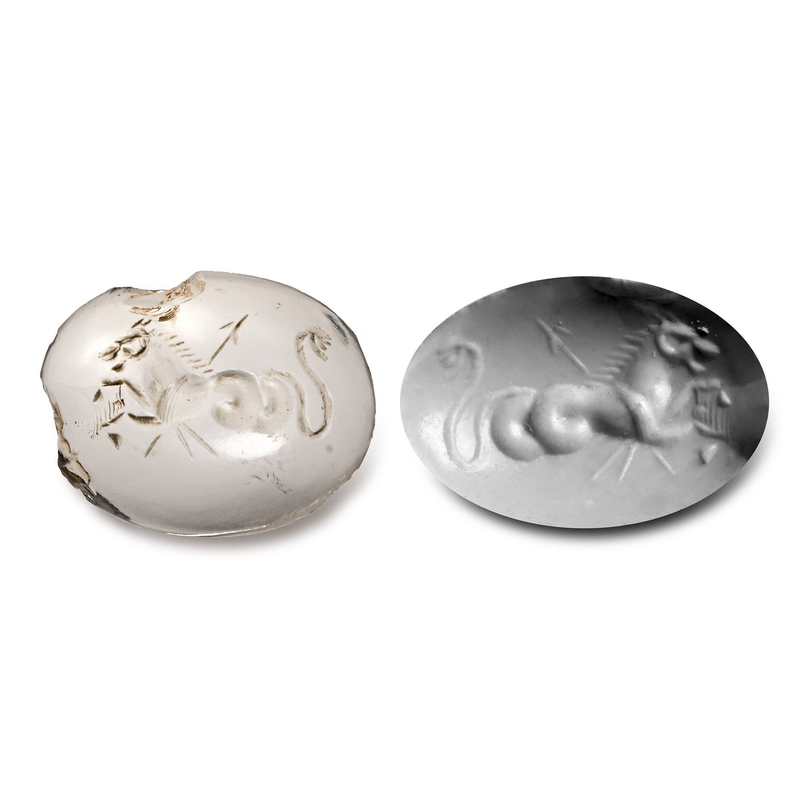 Roman Rock Crystal Gemstone with Hippocamp: 2nd-3rd century A.D. With intaglio figure of a hippocamp pierced by a spear; supplied with a museum-quality impression. 1.16 grams, 15.98 mm (5/8 in.). [No Reserve] From the private collection of a Eu