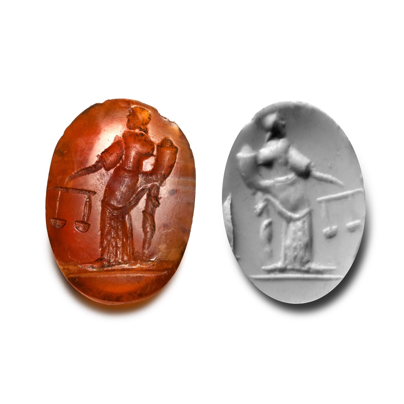 Roman Carnelian Gemstone with the Goddess Fortuna: 2nd-3rd century A.D. Intaglio profile figure of Fortuna in draped robe with cornucopia and scales; supplied with a museum-quality impression. 1.06 grams, 17.28 mm (5/8 in.). [No Reserve] From the priv