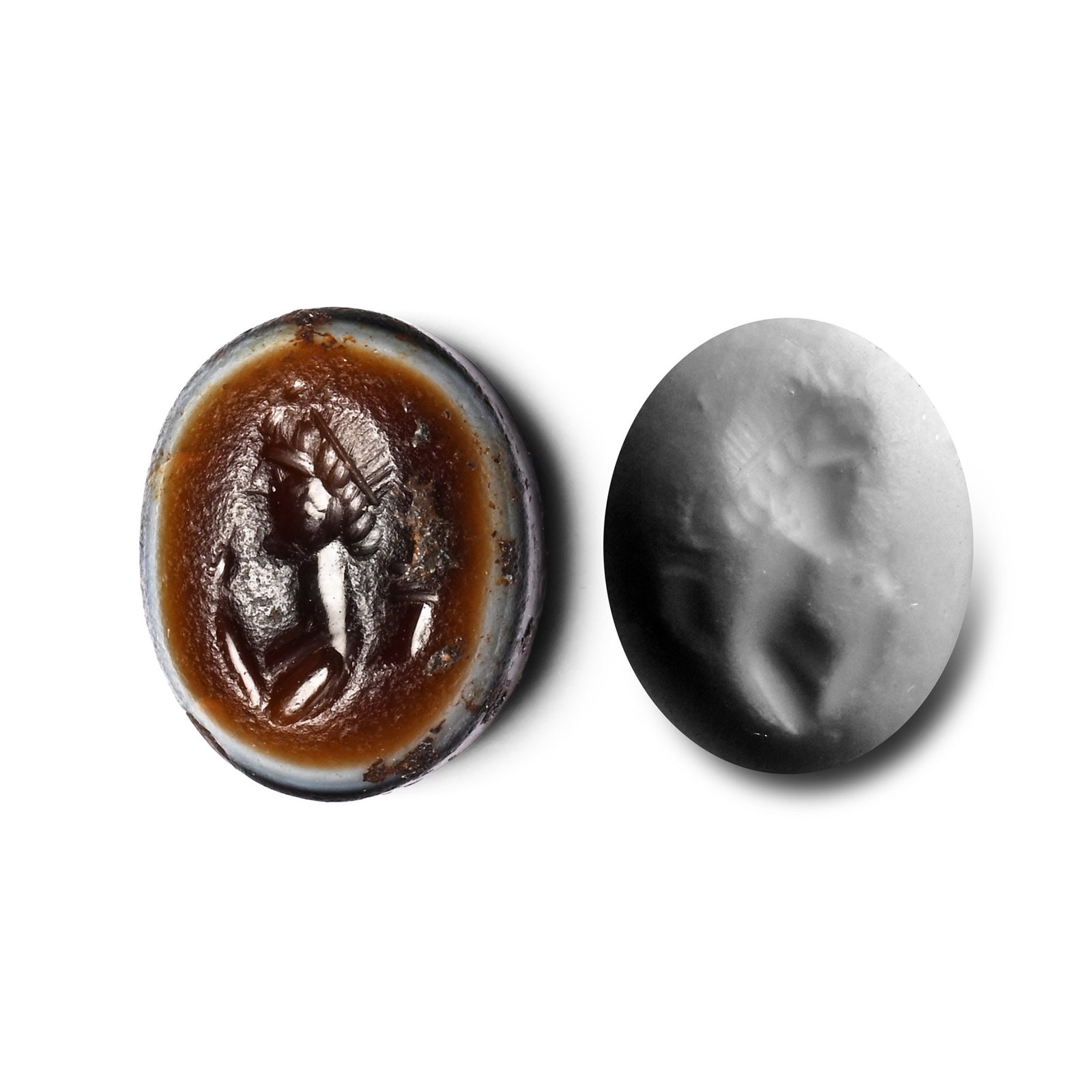 Roman Banded Agate Gemstone of the Goddess Fortuna: 2nd-3rd century A.D. With intaglio bust of Fortuna in profile with one hand raised, cornucopia to the rear; supplied with a museum-quality impression. 0.69 grams, 10.09 mm (3/8 in.). [No Reserve] From