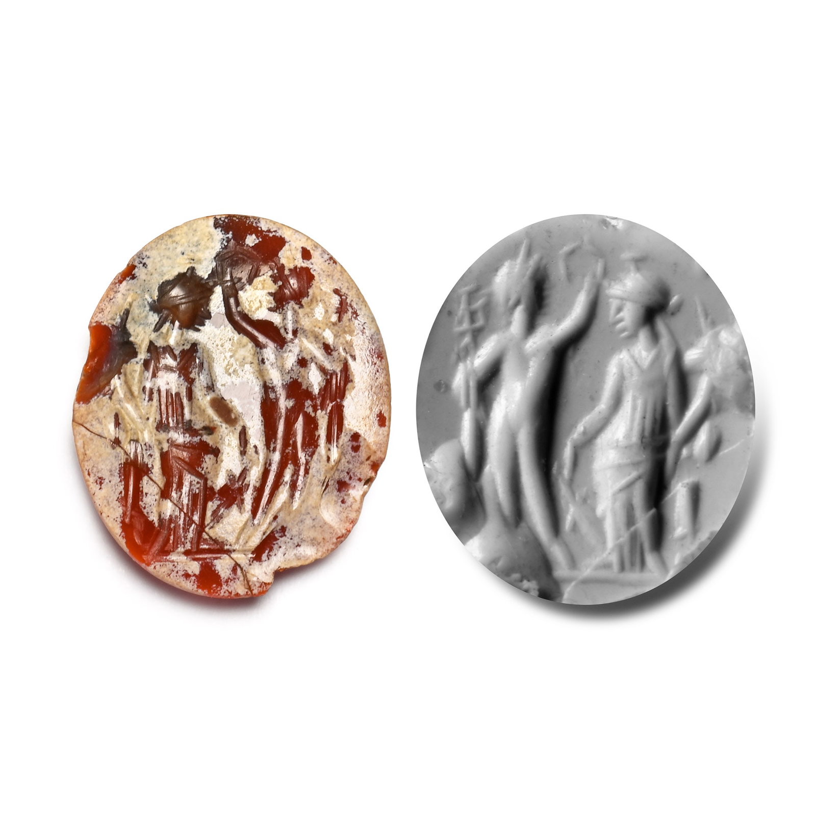 Roman Carnelian Gemstone with Gods Mercury and Minerva: 2nd-3rd century A.D. With intaglio scene of two figures in a landscape; supplied with a museum-quality impression. 1.02 grams, 17.11 mm (5/8 in.). [No Reserve] From the private collection of a Europea