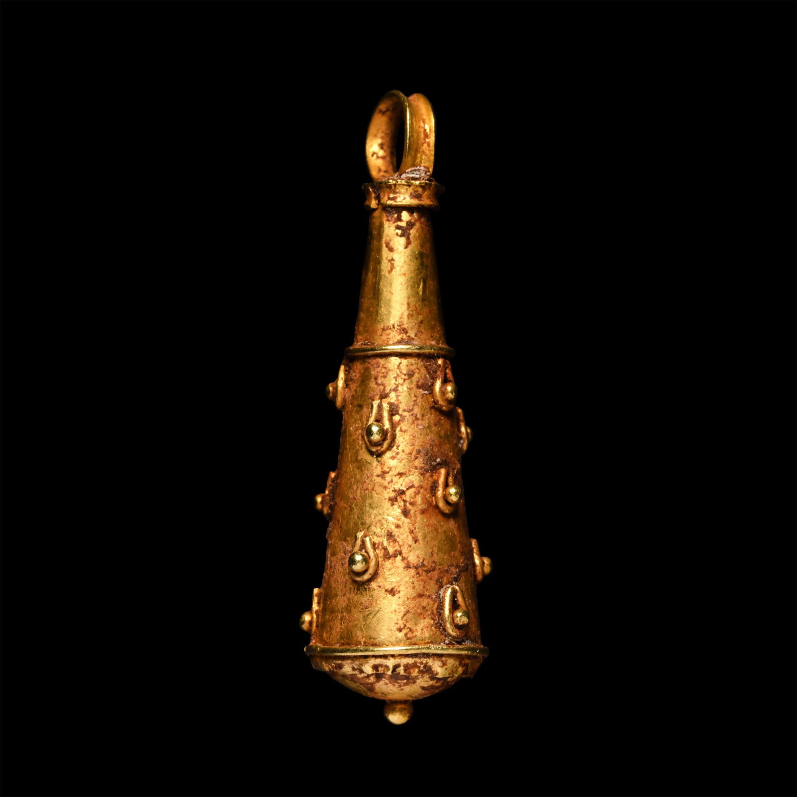 Roman Gold Hercules Club Amulet: 1st-3rd century A.D. Formed as a tapering club with applied granule decoration, suspension loop at the narrow end. Cf. similar item in the British Museum, London, accession number 1981,0201.29, in Joh