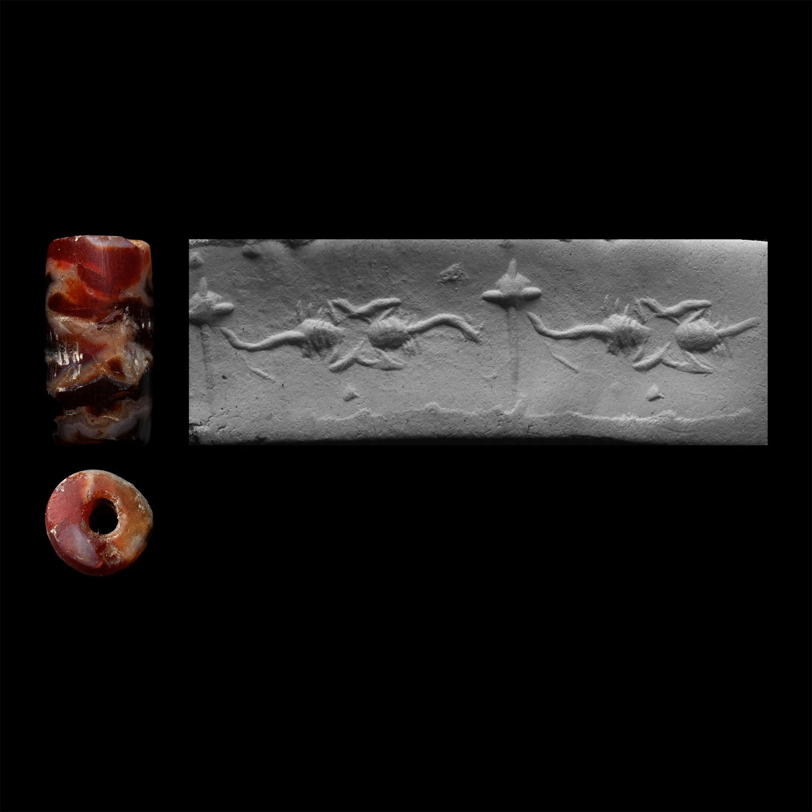 Western Asiatic Marbled Agate Cylinder Seal with Scorpions: 2nd-1st millennium B.C. Frieze depicting two scorpions advancing towards each other, starburst to the rear; supplied with a museum-quality impression. 1.02 grams, 13.24 mm (1/2 in.). [No Reserve] From