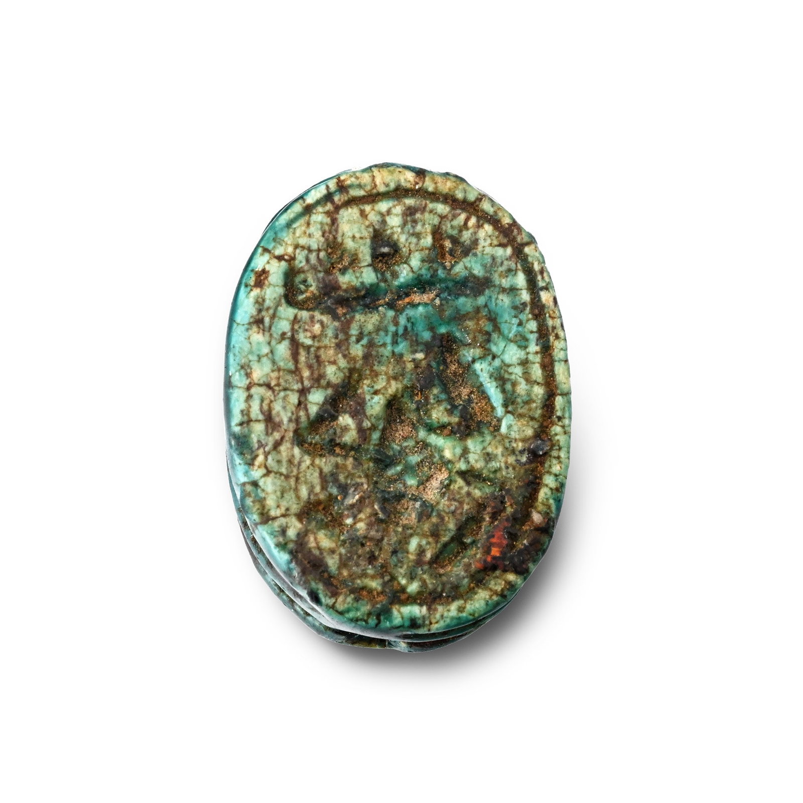 Egyptian Faience Scarab: Late Period-Ptolemaic Period, 664-30 B.C. With anatomical detailing and hieroglyphs on the underside. 2.2 grams, 16 mm (5/8 in.). [No Reserve] From the collection of a late Gloucestershire, UK, collec