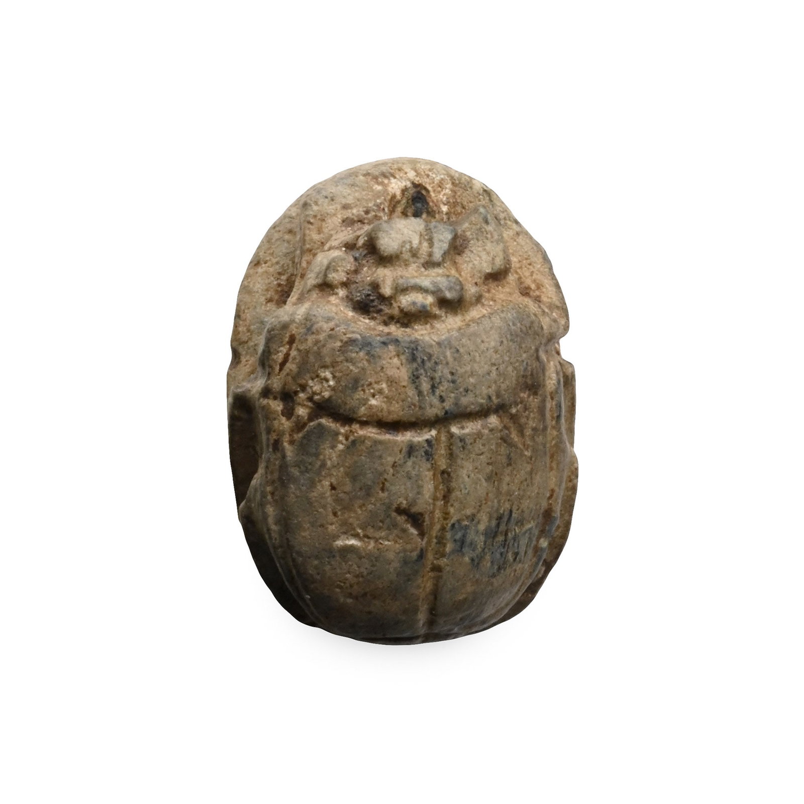 Egyptian Steatite Scarab with Lion and Stag: New Kingdom, 1550-1070 B.C. With detailed head and carapace; underside with incuse ibex and crouching feline motifs. 2.11 grams, 16 mm (5/8 in.). [No Reserve] From an old English collection. Ex Fellow