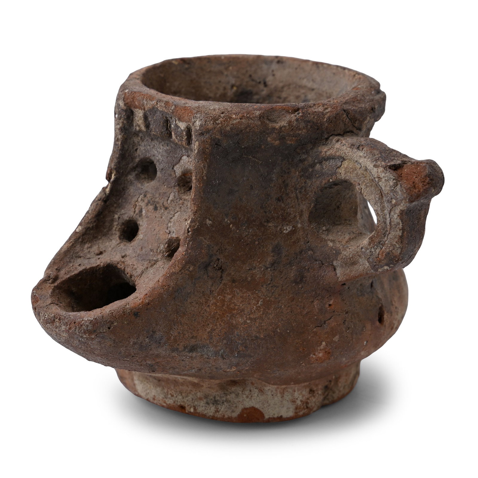 Egyptian Terracotta Handled Oil Lamp: Ptolemaic Period, circa 3rd-1st century B.C. Biconical body with tubular neck and thickened rim, short spout with four piercings above, and handle to the side. 94 grams, 74.6 mm wide (2 7/8 in.). [No 