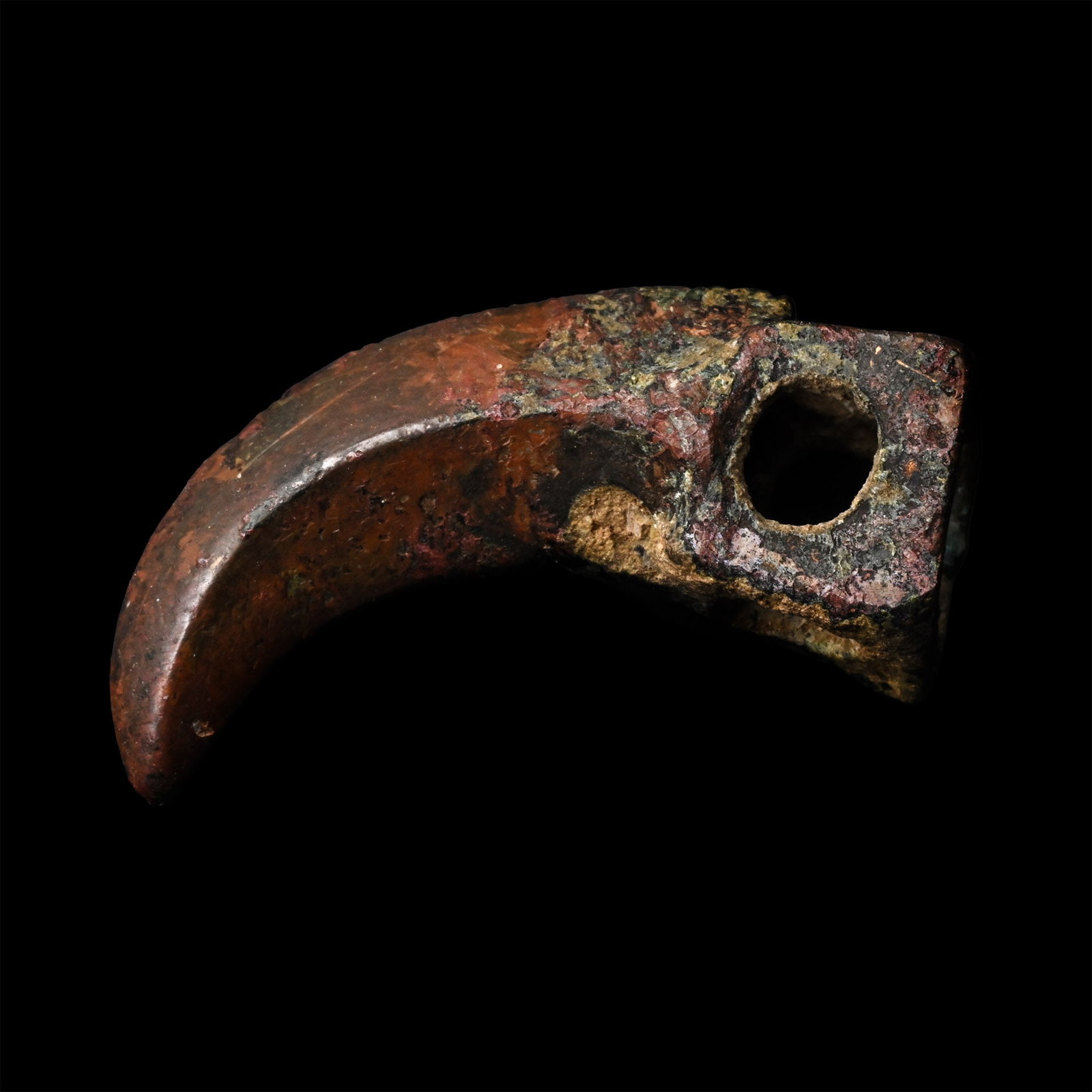 Scythian Bronze Eagle's Talon Pendant: Circa 6th century B.C. Curved square-section hook with cuboid finial pierced on all four sides and to the top. 12.45 grams, 36.19 mm (1 3/8 in.). [No Reserve] From the private collection of a European