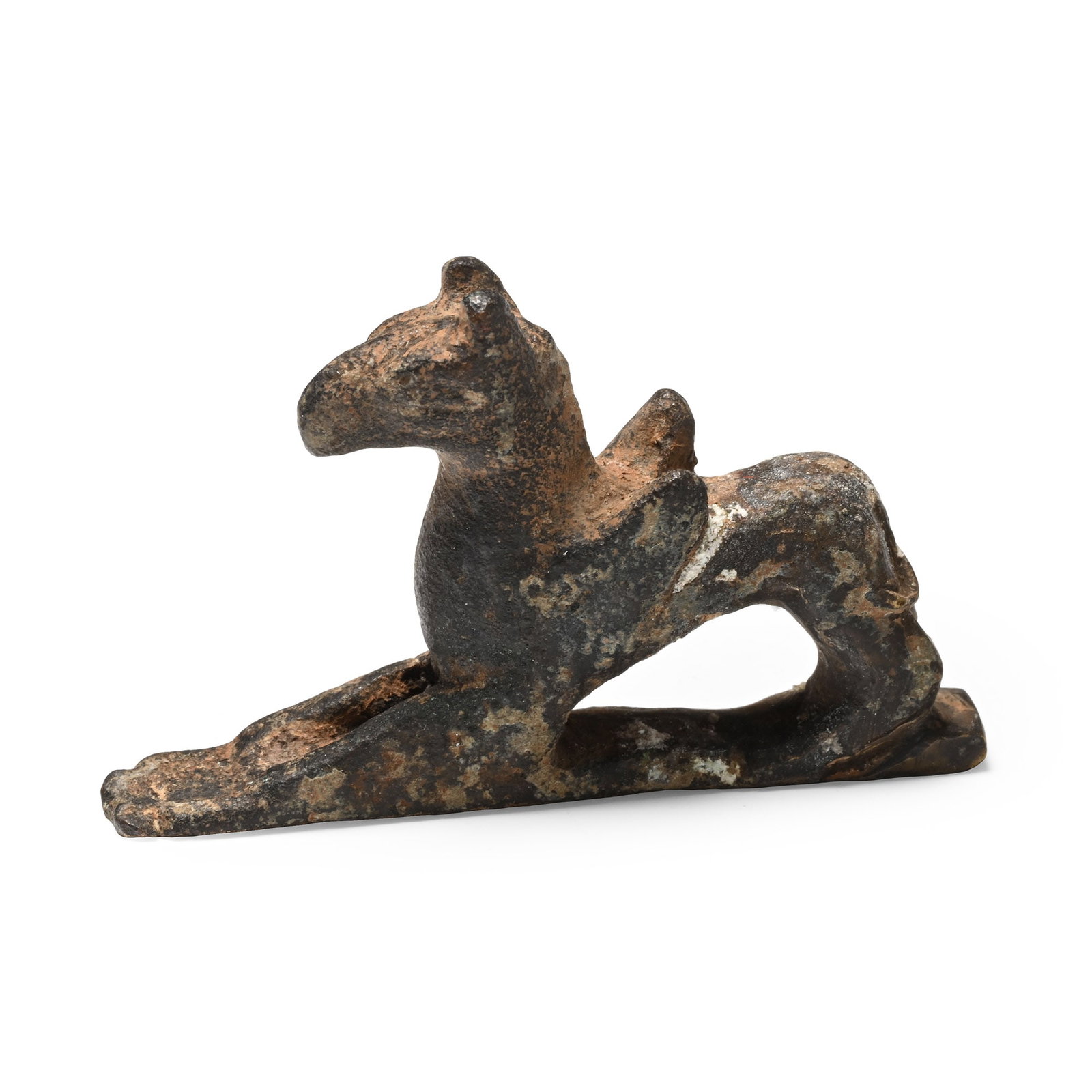 Greek Bronze Gryphon Statuette: Circa 4th-2nd century B.C. Modelled in a typical pose with its front paws extended, an erect head and small wings. 28.4 grams, 46 mm wide (1 3/4 in.). [No Reserve] From the private collection of a Eur