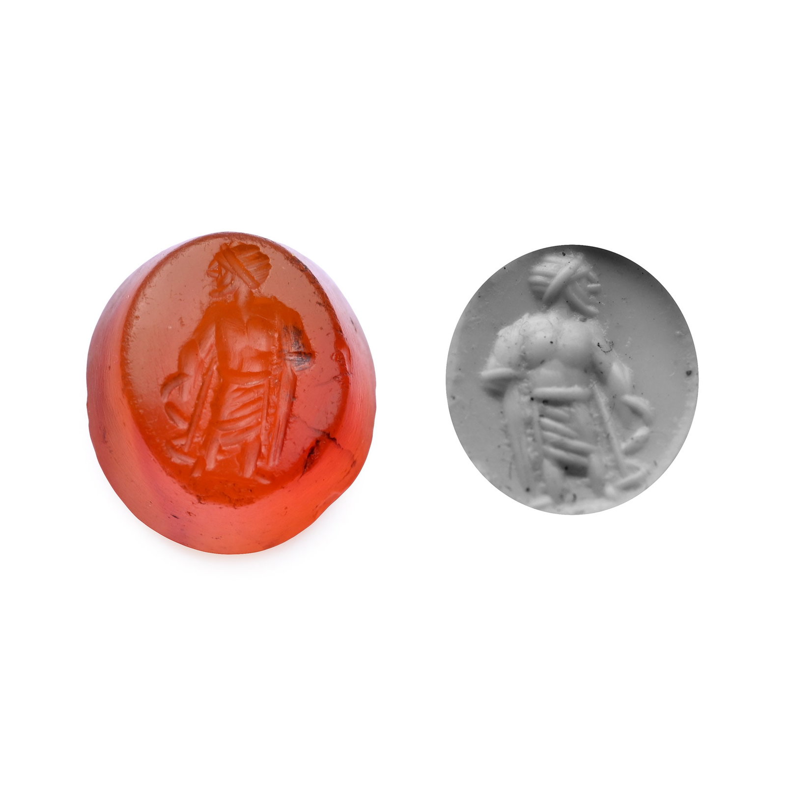 Roman Carnelian Gemstone with Aesculapius: 2nd-3rd century A.D. With the god in three-quarter view, with a cloak and staff; supplied with a museum-quality impression. 1.40 grams,12.64 mm (1/2 in.). [No Reserve] From the private collection of a