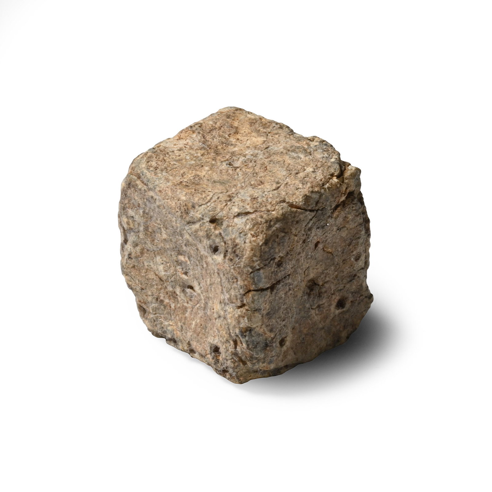 Roman Lead Gaming Die: Circa 1st-4th century A.D. Cuboid with slightly concave surfaces showing some pellet markings, collector's number sticker '178' to one side. 21.14 grams, 14.4 mm (1/2 in.). [No Reserve] From the Colin