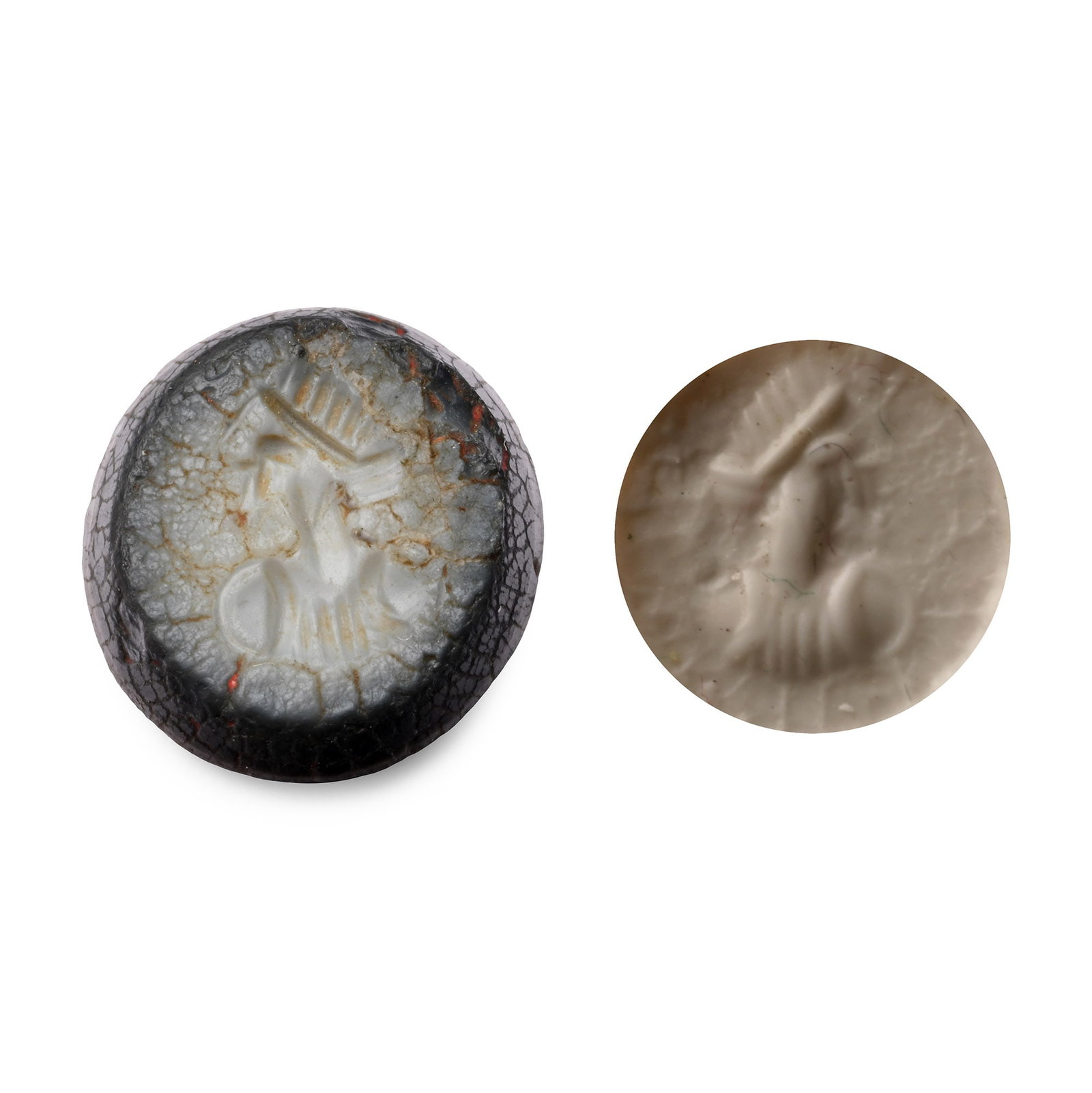 Roman Agate Gemstone with Female Bust: 2nd-3rd century A.D. With intaglio profile female bust; supplied with a museum-quality impression. 0.61 grams, 11.38 mm (3/8 in.). [No Reserve] From the private collection of a European gentleman (194