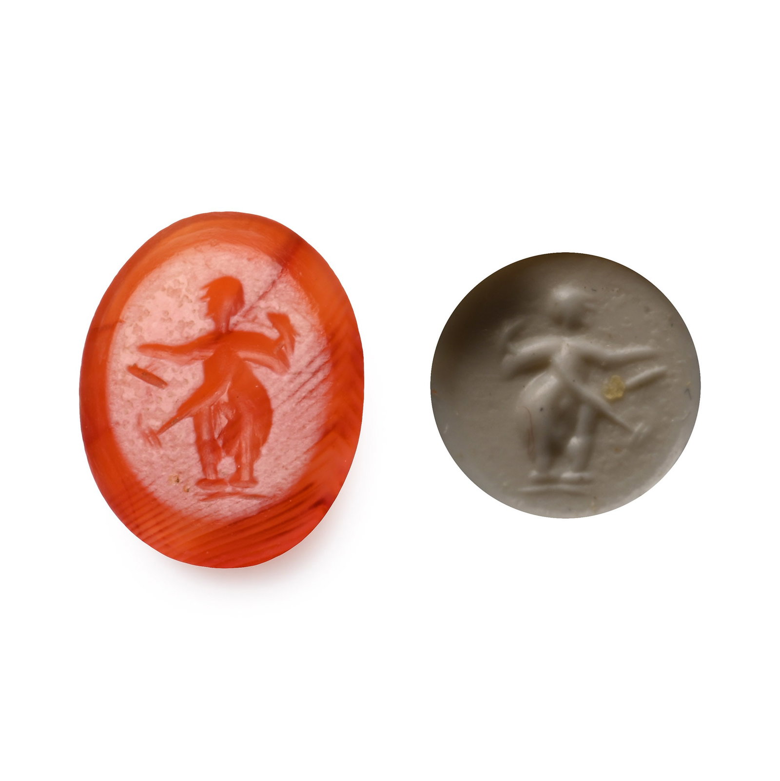Roman Carnelian Gemstone Standing Figure: 2nd-3rd century A.D. With intaglio figure facing with one arm extended; supplied with a museum-quality impression. 0.21 grams, 8.86 mm (1/4 in.). [No Reserve] From the private collection of a European