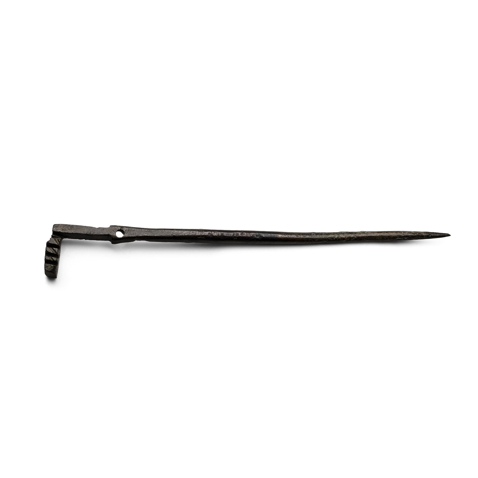 Roman Hair Pin Key: 1st-4th century A.D. Comprising a tapering shaft with a perpendicular key terminal with piercing. 6.36 grams, 98 mm (3 7/8 in.). [No Reserve] Ex German art market, 2000s. Acquired from an EU collector