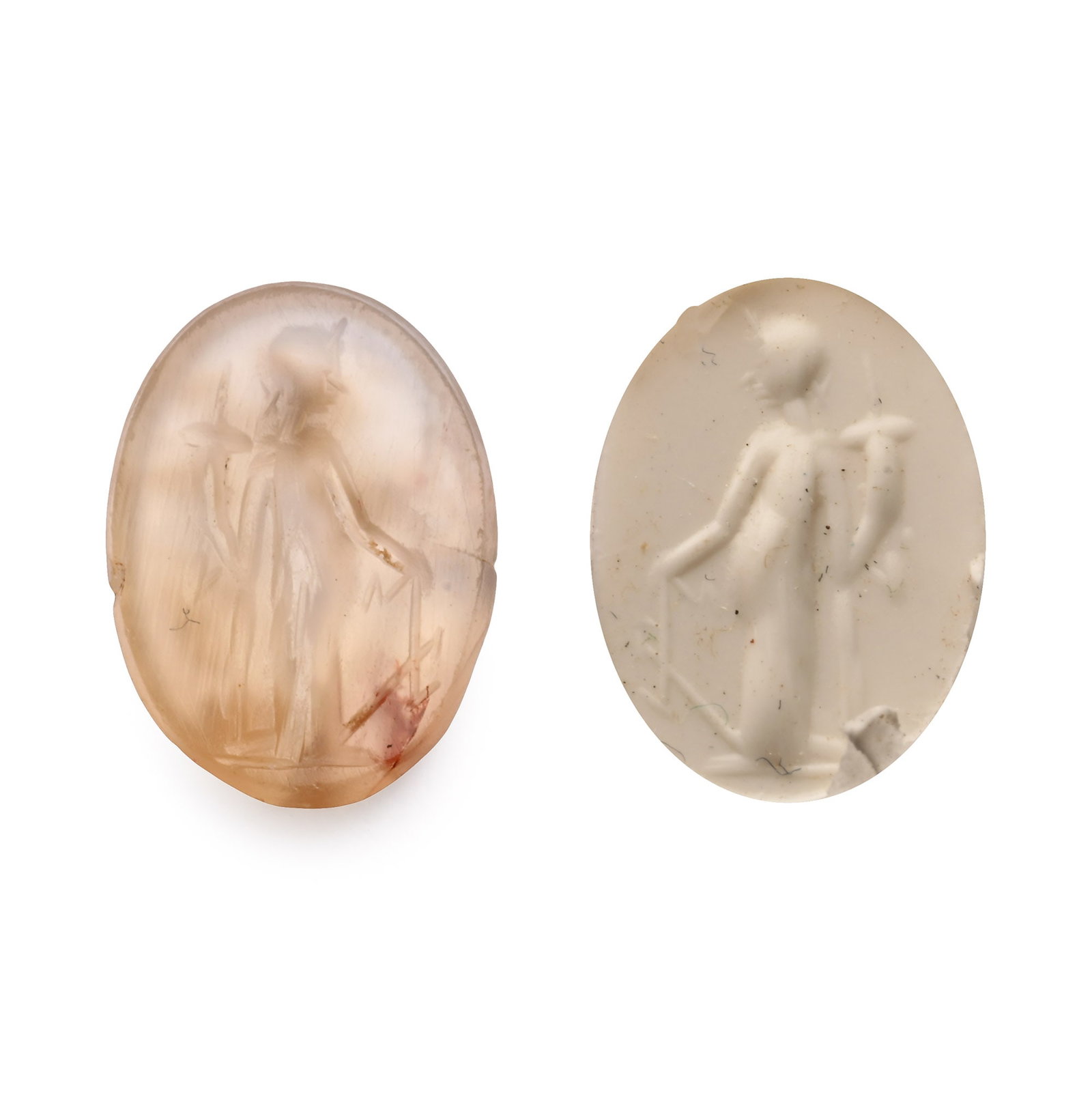 Roman Agate Gemstone with Fortuna: 2nd-3rd century A.D. With intaglio Fortuna standing with cornucopia in one hand; supplied with a museum-quality impression. 0.31 grams, 11.36 mm (3/8 in.). [No Reserve] From the private collection of 