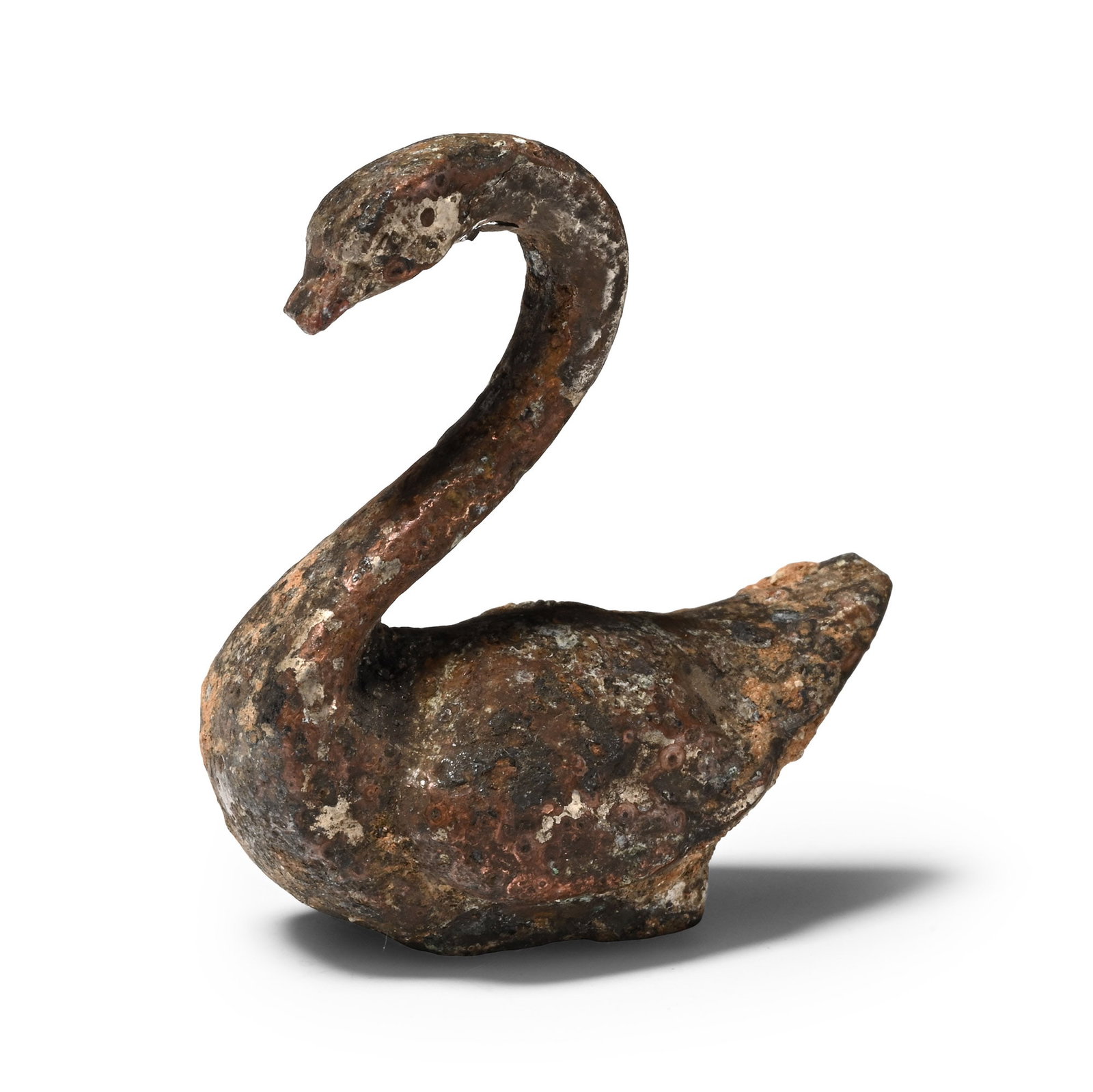 Roman Silvered Bronze Statuette of a Swan: 1st-4th century A.D. Modelled in the round with extended arched neck, flat underside. 38.34 grams, 38.58 mm (1 1/2 in.). Ex London, UK, gentleman's collection by descent, 1980s. TimeLine Auctions foll