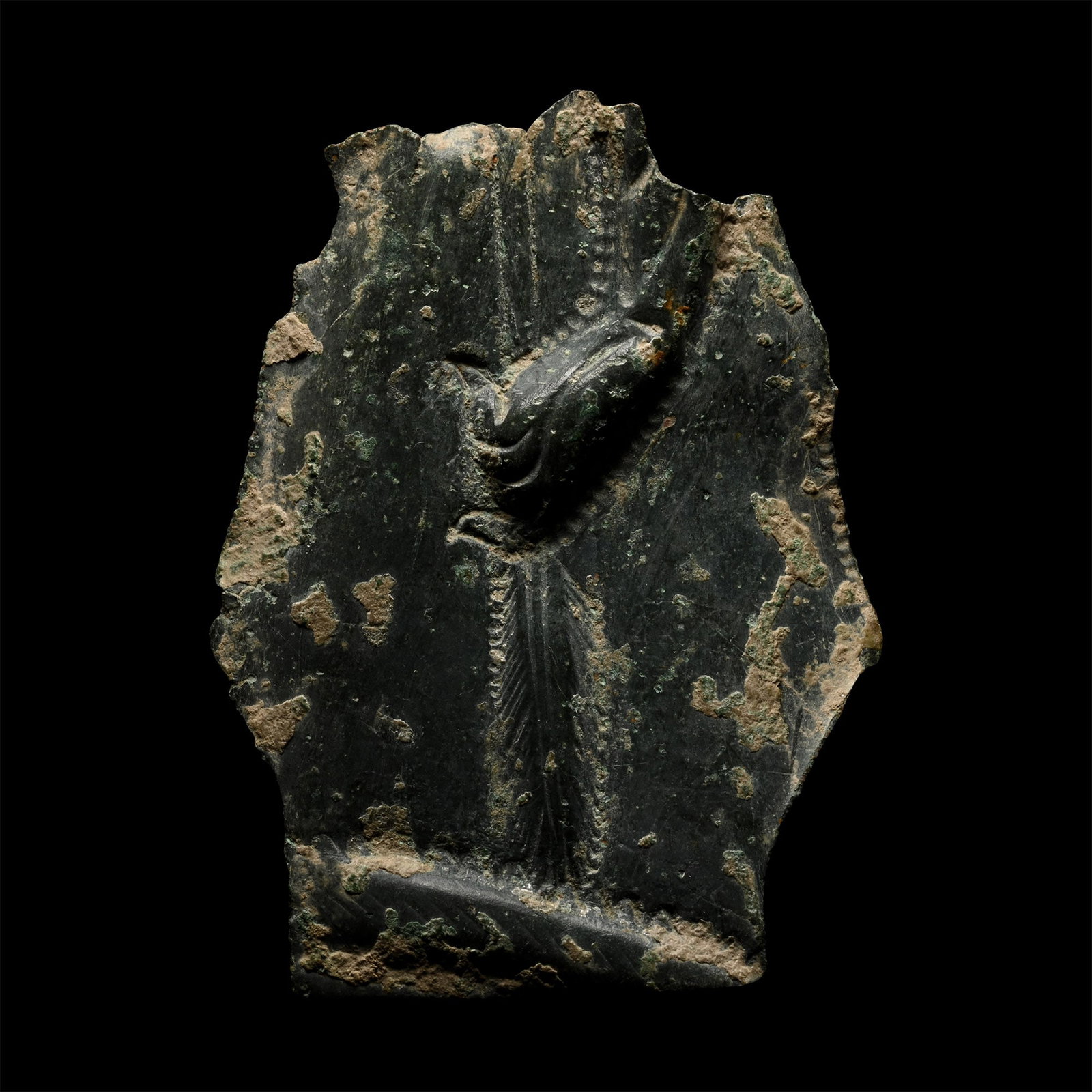 Roman Bronze Helmet Fragment with Hand Holding a Plumed Staff: Circa 2nd century A.D. Rim fragment with moulded detailing. 5.93 grams, 49.95 mm (2 in.). [No Reserve] From the private collection of a European gentleman (1942-2024), formed since the 1970s. TimeLine