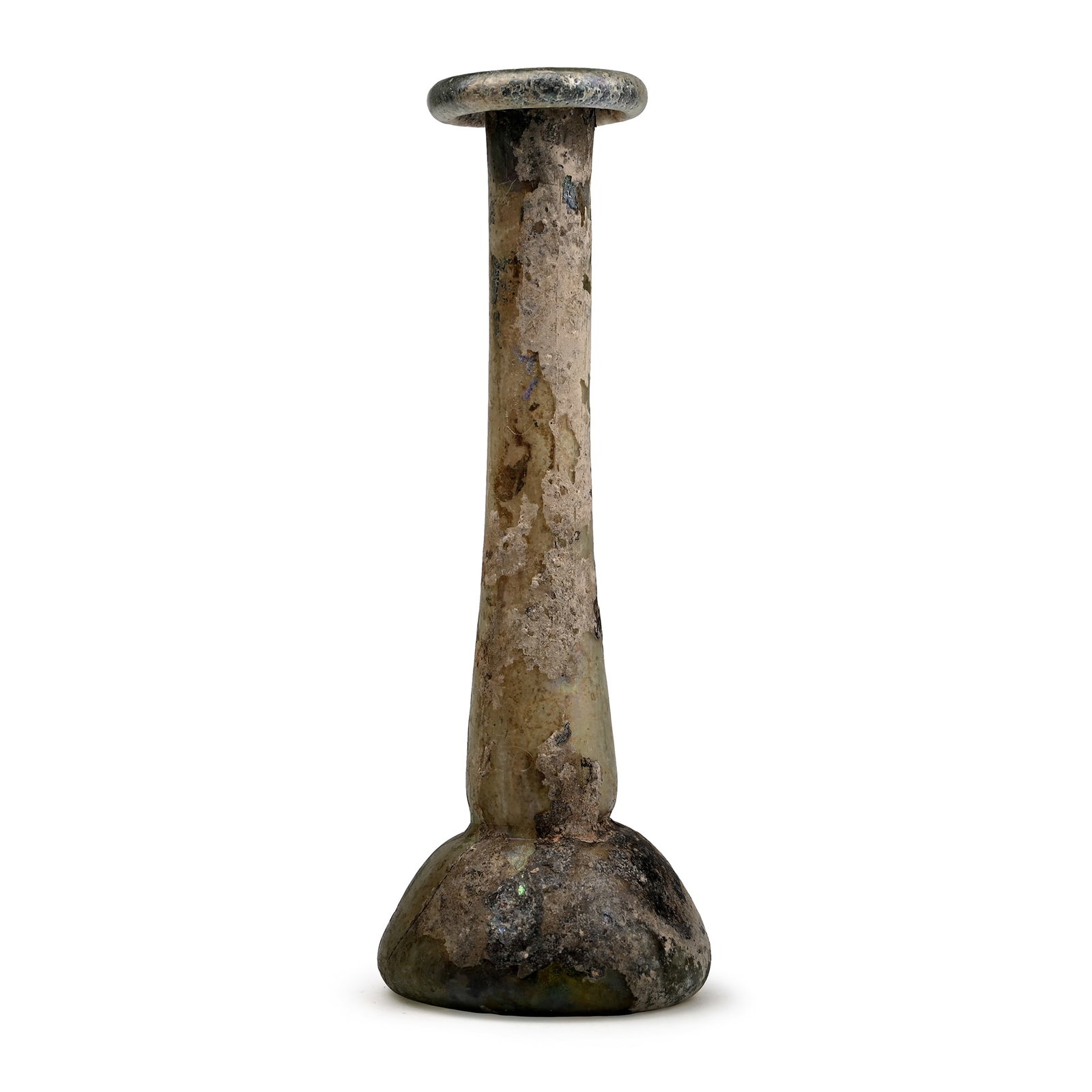 Roman Iridescent Tall Glass Unguentarium: Circa 1st century A.D. Squat bulbous body and a long tubular neck with rolled flange rim. Cf. Whitehouse, D., Roman Glass in the Corning Museum of Glass, vol.1, New York, 1997, item 268, for type. 31.