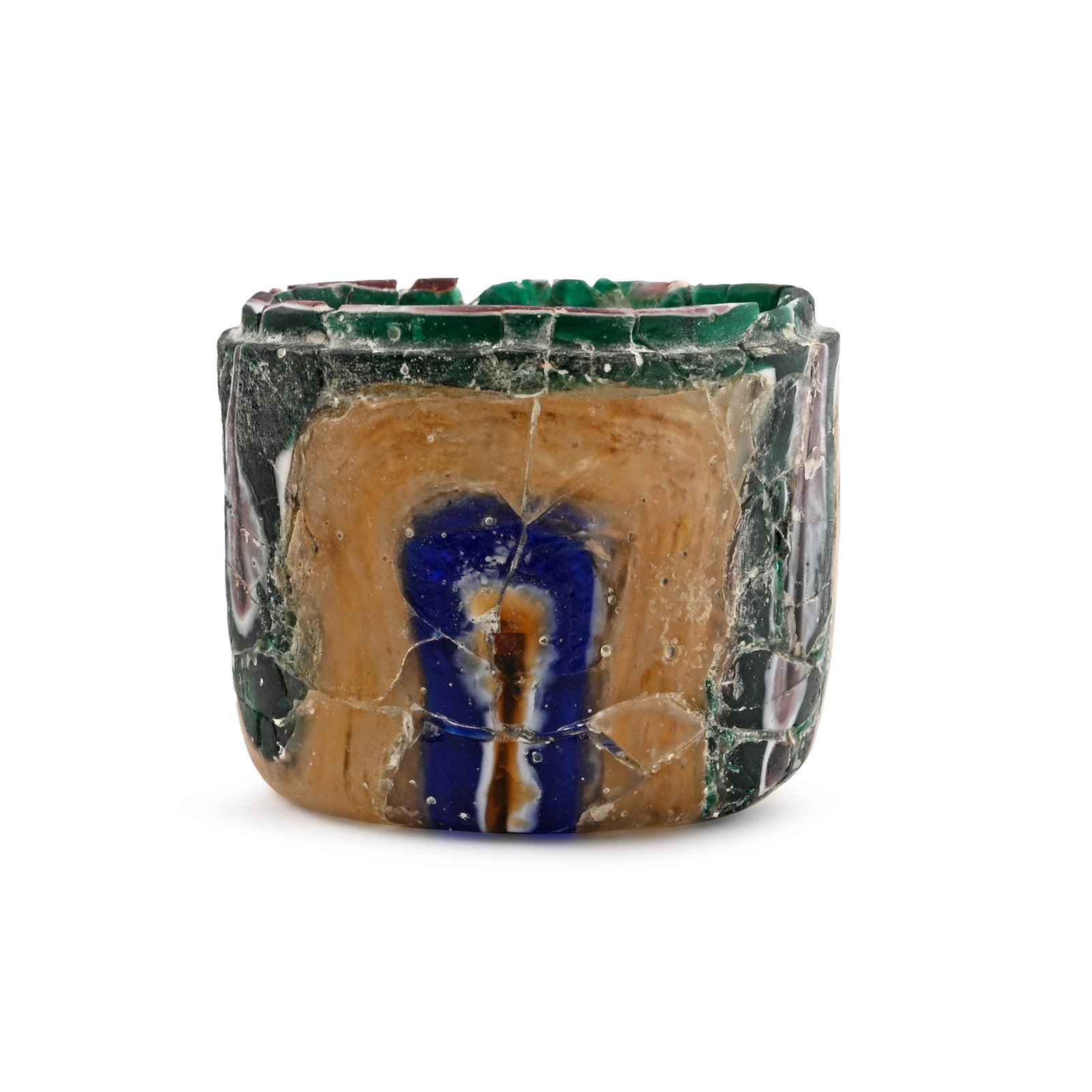 Roman Banded Glass Pyxis: 1st century A.D. Drum-shaped in profile with stepped rim; repaired. 87 grams, 60 mm (2 3/8 in.). (For this specific lot, 5% import VAT is applicable on the hammer price.) Acquired in the late 1980s. P