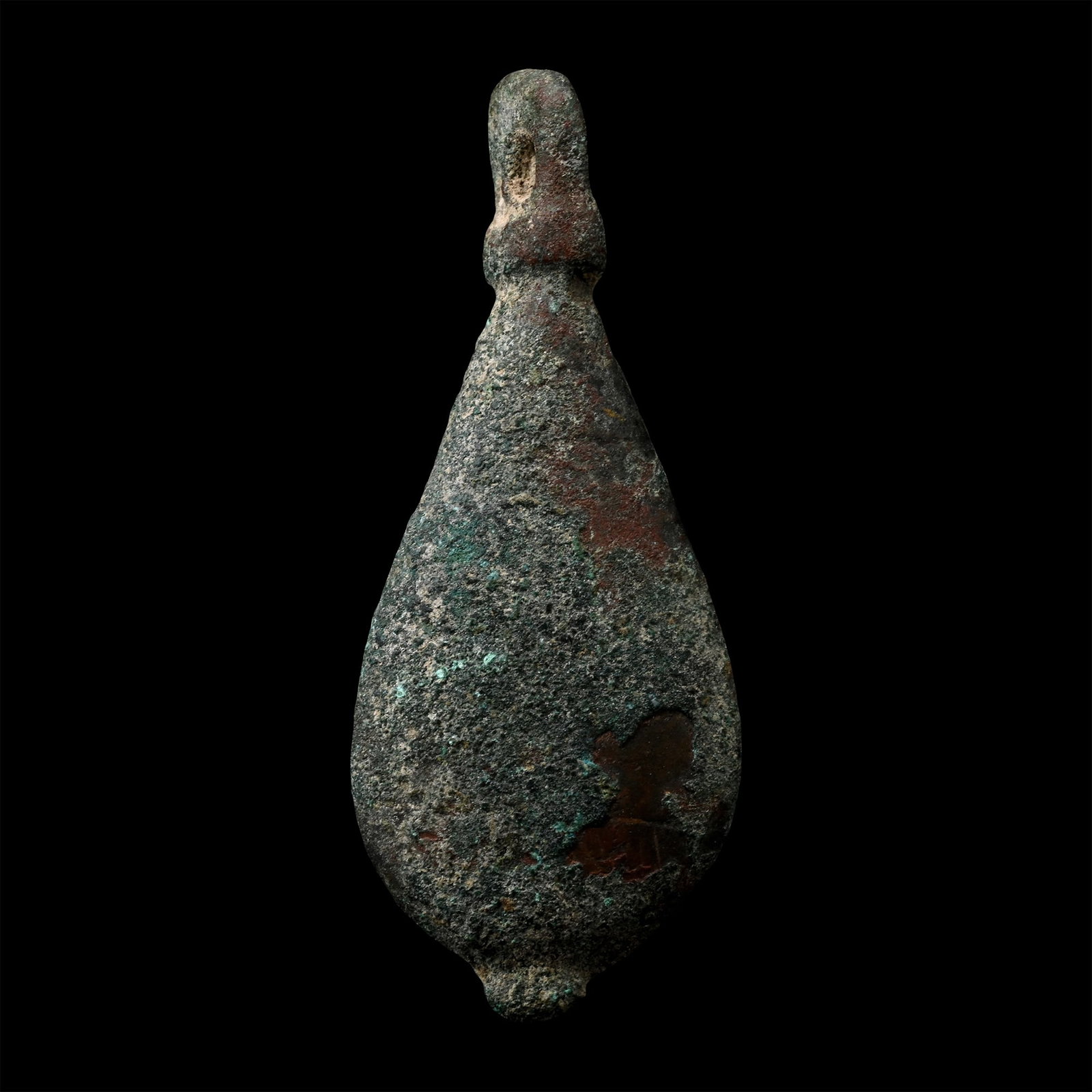 Roman Bronze Teardrop-Shaped Pendant: 1st-4th century A.D. D-shaped in section with pierced lug at one end. 17.87 grams, 49.21 mm (2 in.). [No Reserve] From the private collection of a European gentleman (1942-2024), formed since the 1970
