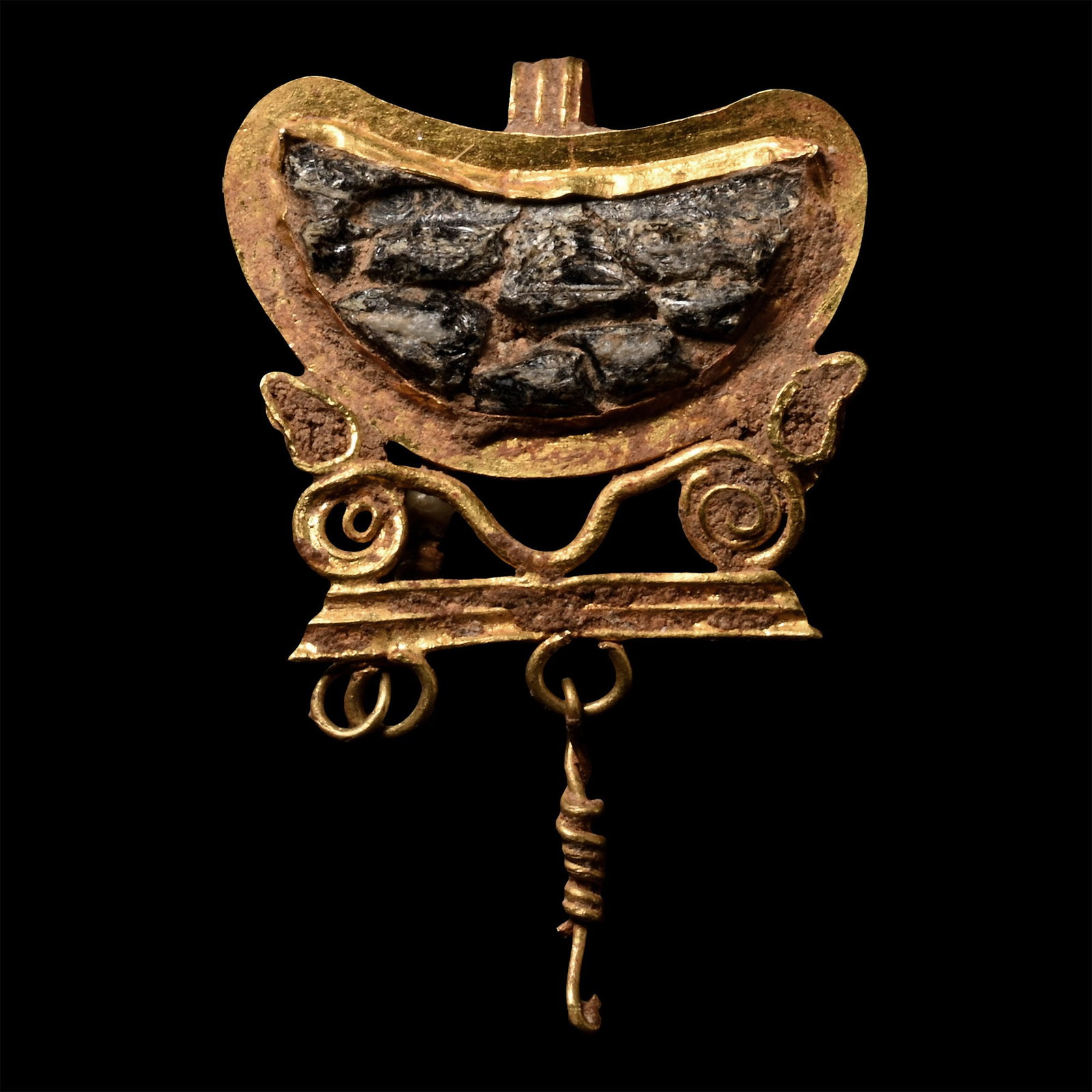 Roman Gold Lunar Pendant with Dangles: 1st-2nd century A.D. Comprising a crescent cell with flange rim and ribbed loop to the reverse, filigree volute scroll beneath with flanking cells, transverse bar and loops below with filigree dangles