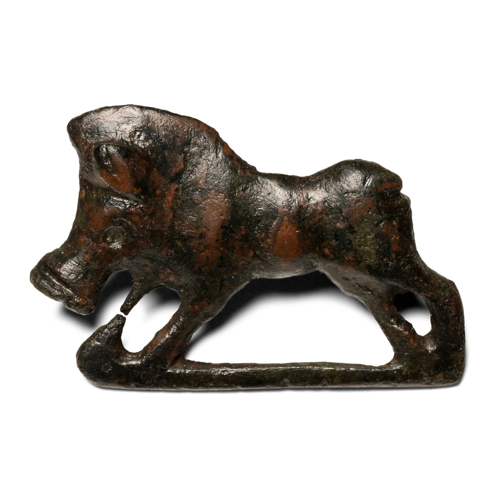 Roman Bronze Boar Plate Brooch: Circa 3rd-4th century A.D. Modelled as a running boar on a baseline, catchplate and pinlugs on the reverse. 11.3 grams, 38 mm (1 1/2 in.). Ex Wiltshire, UK, collection, 1990s. TimeLine Auctions follow