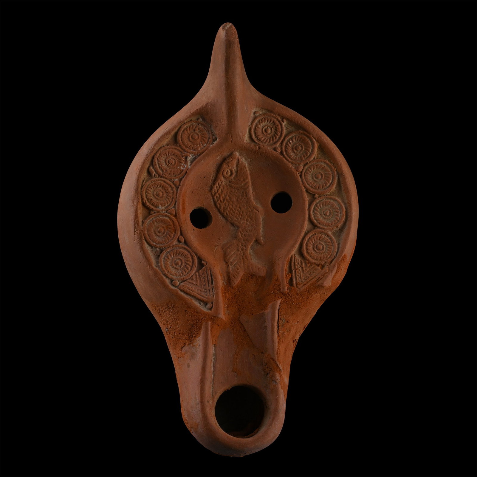 Late Roman Red Ware Oil Lamp with Fish (1 of 1)